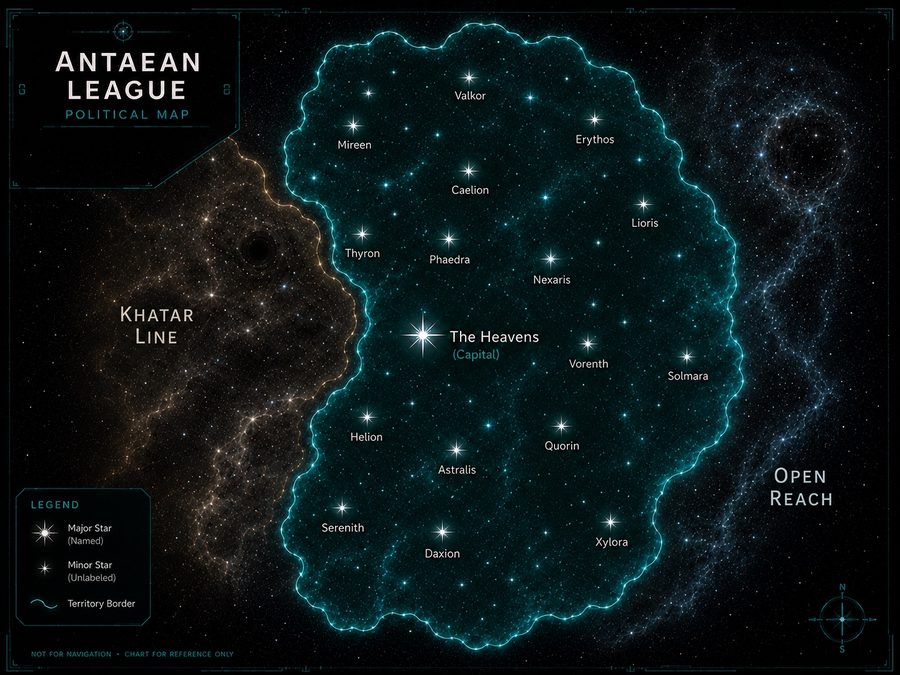 Antaean League political map: the League's teal territory with the capital the Heavens and named systems including Daxion, Vorenth and Solmara, between the Khatar Line and the Open Reach.