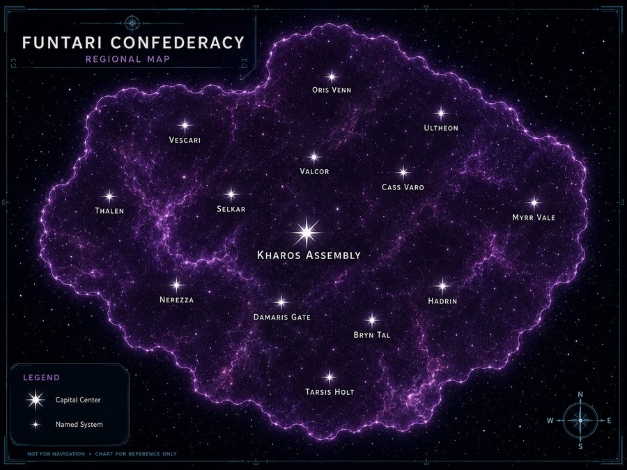 Funtari Confederacy regional map: the Confederacy's violet territory with its capital center, the Kharos Assembly, and named systems including Vescari, Valcor and Damaris Gate.