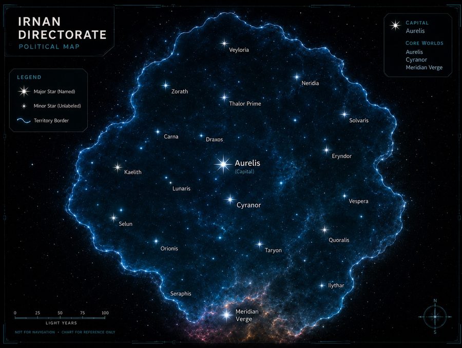 Irnan Directorate political map: the Directorate's blue territory with the capital Aurelis, Cyranor and its other named systems, and the Meridian Verge on its southern border.