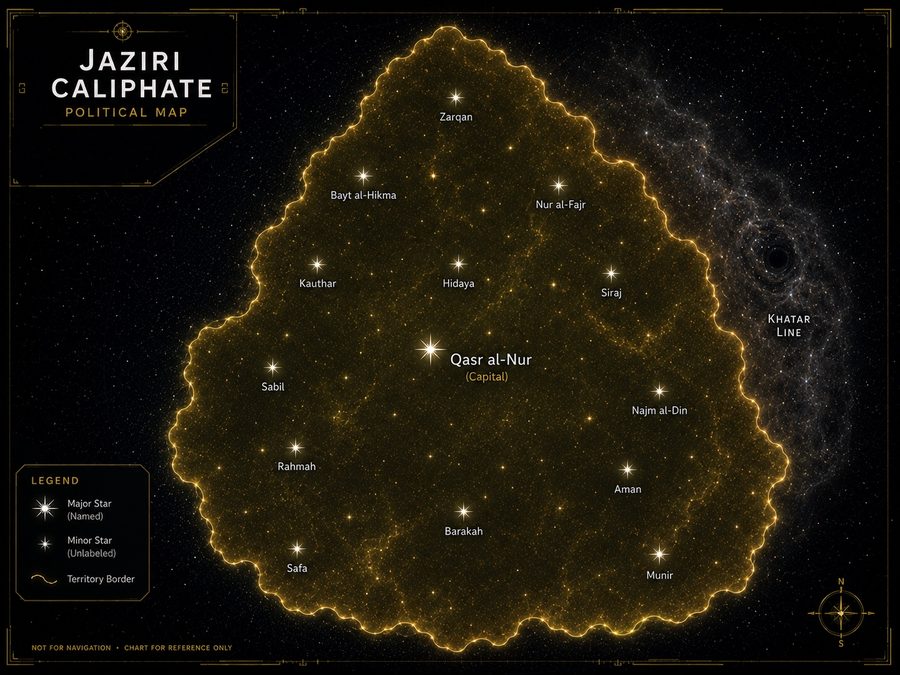 Jaziri Caliphate political map: the Caliphate's gold territory with the capital Qasr al-Nur and named systems including Munir, Safa and Bayt al-Hikma, with the Khatar Line to the east.