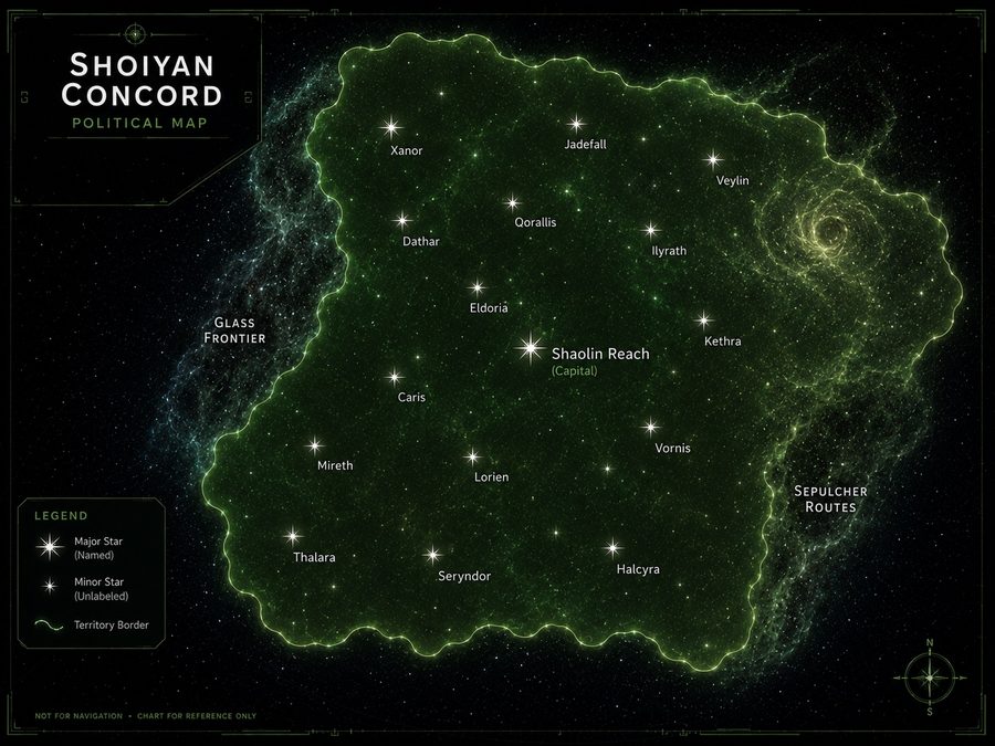 Shoiyan Concord political map: the Concord's green territory with the capital Shaolin Reach and named systems including Halcyra, Mireth and Seryndor, between the Glass Frontier and the Sepulcher Routes.