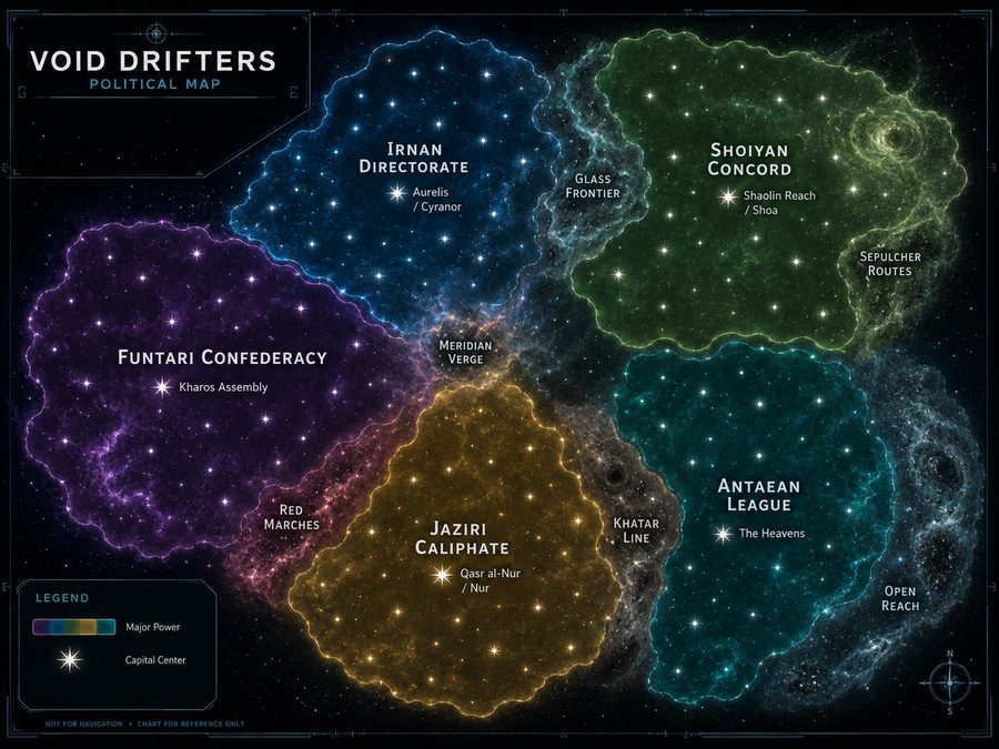 Void Drifters political map of known space: the Irnan Directorate in blue, the Funtari Confederacy in violet, the Shoiyan Concord in green, the Jaziri Caliphate in gold and the Antaean League in teal, each with its capital marked, around the Meridian Verge at the center, with the Glass Frontier, Sepulcher Routes, Red Marches, Khatar Line and Open Reach between and beyond them.